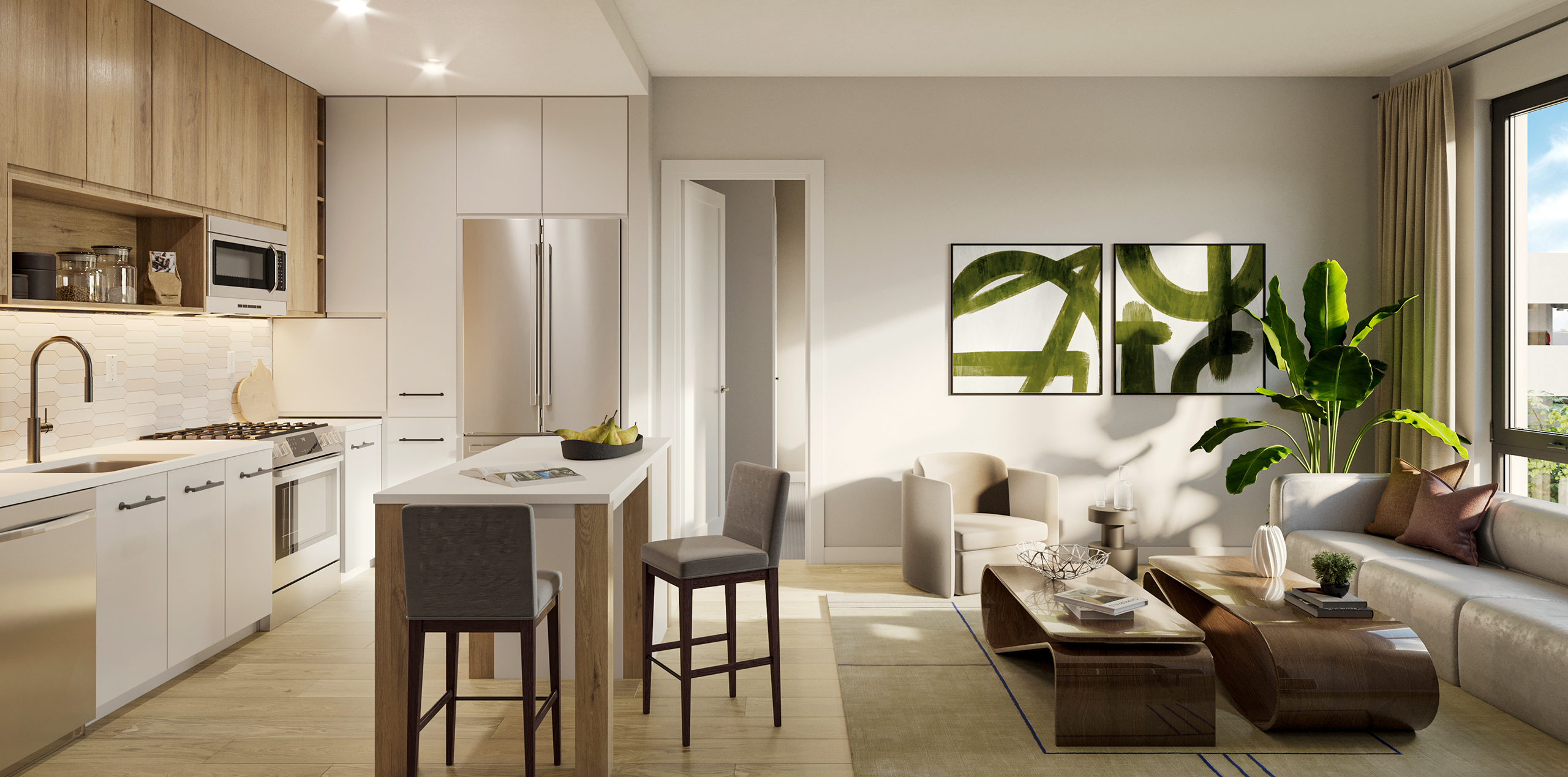 The Oak Condominium kitchen and living room area